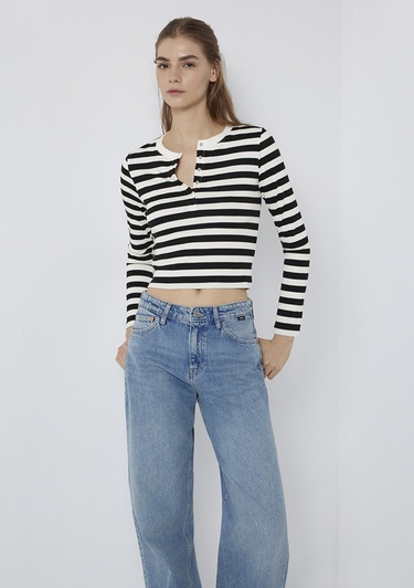  Mavi Uzun Kollu Siyah Çizgili Ekru Tişört  1613767-85407