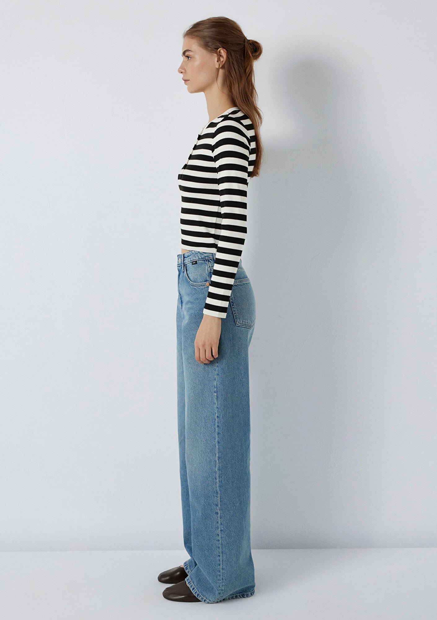 Mavi Uzun Kollu Siyah Çizgili Ekru Tişört  1613767-85407