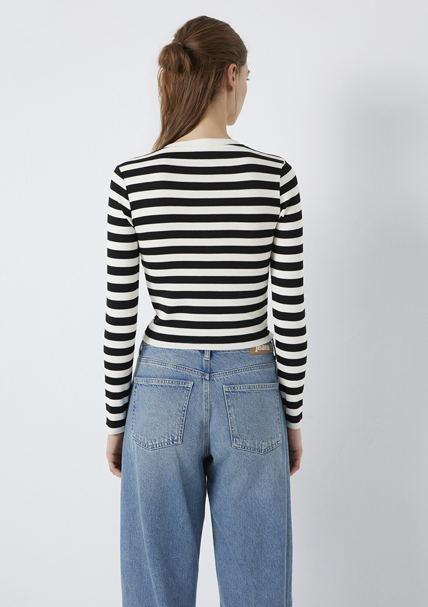  Mavi Uzun Kollu Siyah Çizgili Ekru Tişört  1613767-85407