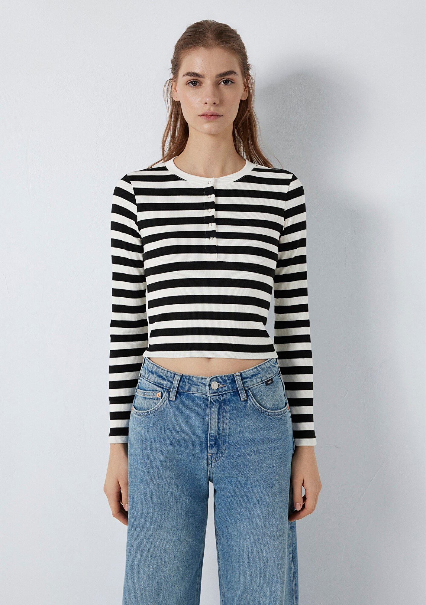 Mavi Uzun Kollu Siyah Çizgili Ekru Tişört  1613767-85407