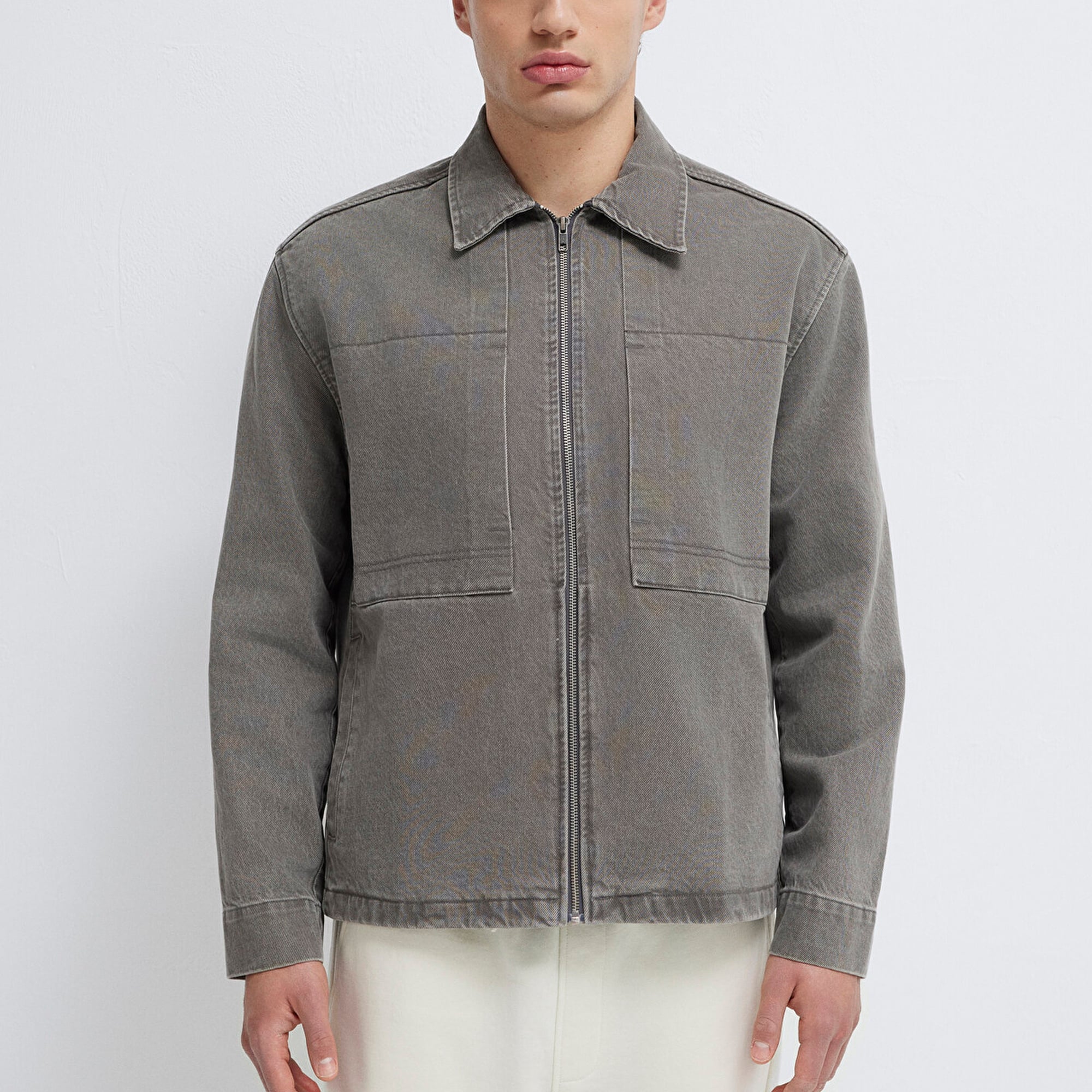 Mavi Fermuarlı Antrasit Gömlek Loose Fit / Bol Rahat Kesim 0211882-900