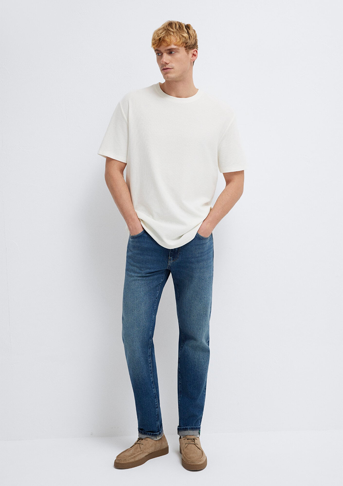 Mavi Ekru Basic Tişört Loose Fit / Bol Rahat Kesim 0613153-70056