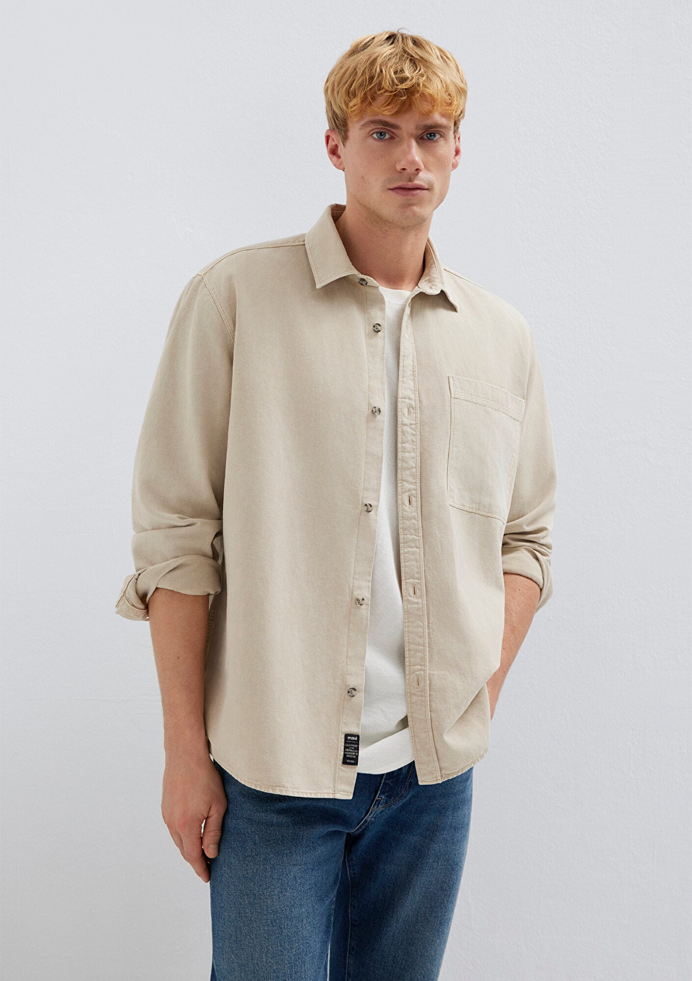  Mavi Cepli Ekru Gömlek Regular Fit / Normal Kesim 0211827-70004