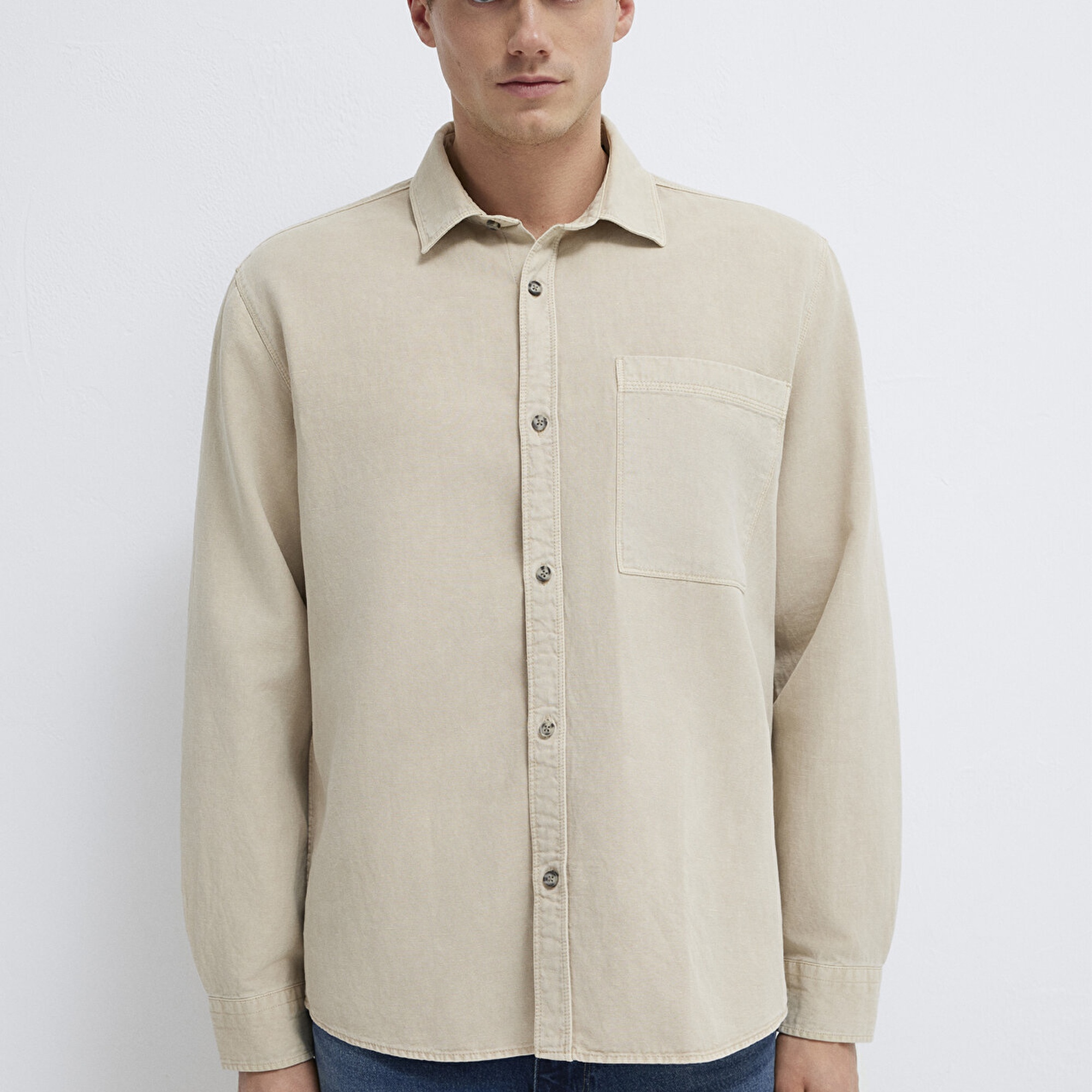 Mavi Cepli Ekru Gömlek Regular Fit / Normal Kesim 0211827-70004