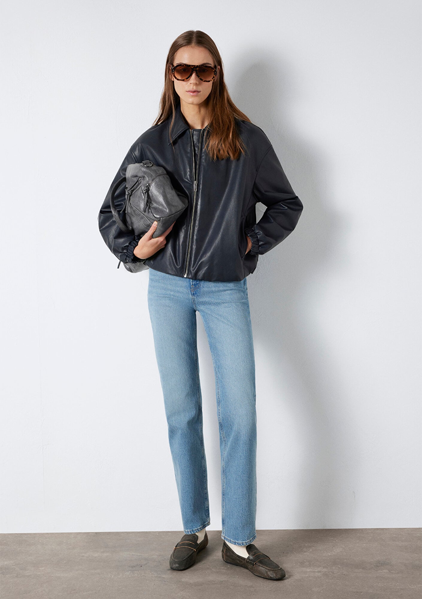  Mavi Lacivert Suni Deri Ceket Oversize / Geniş Kesim 1110614-90372