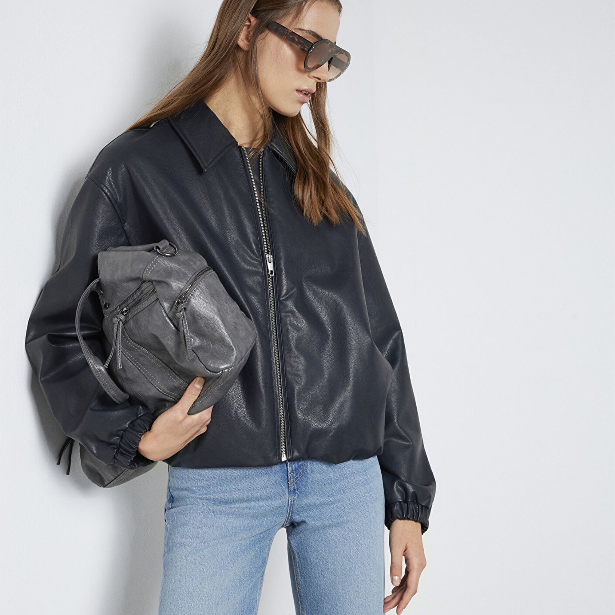 Mavi Lacivert Suni Deri Ceket Oversize / Geniş Kesim 1110614-90372