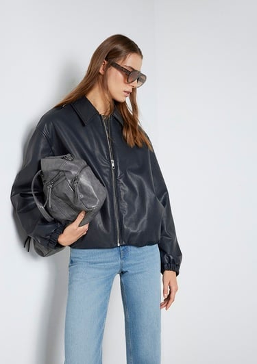  Mavi Lacivert Suni Deri Ceket Oversize / Geniş Kesim 1110614-90372