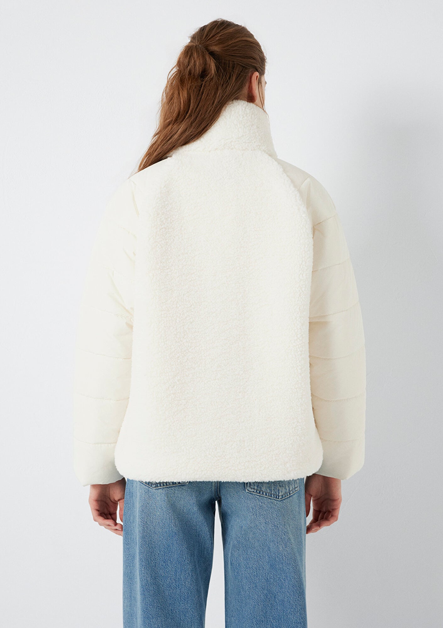 Mavi Dik Yaka Ekru Sherpa Ceket Loose Fit / Bol Rahat Kesim 1110818-80194