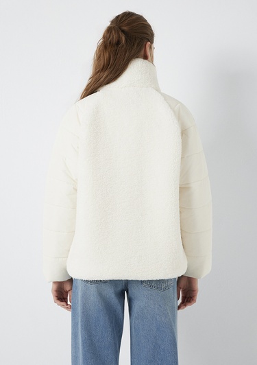  Mavi Dik Yaka Ekru Sherpa Ceket Loose Fit / Bol Rahat Kesim 1110818-80194