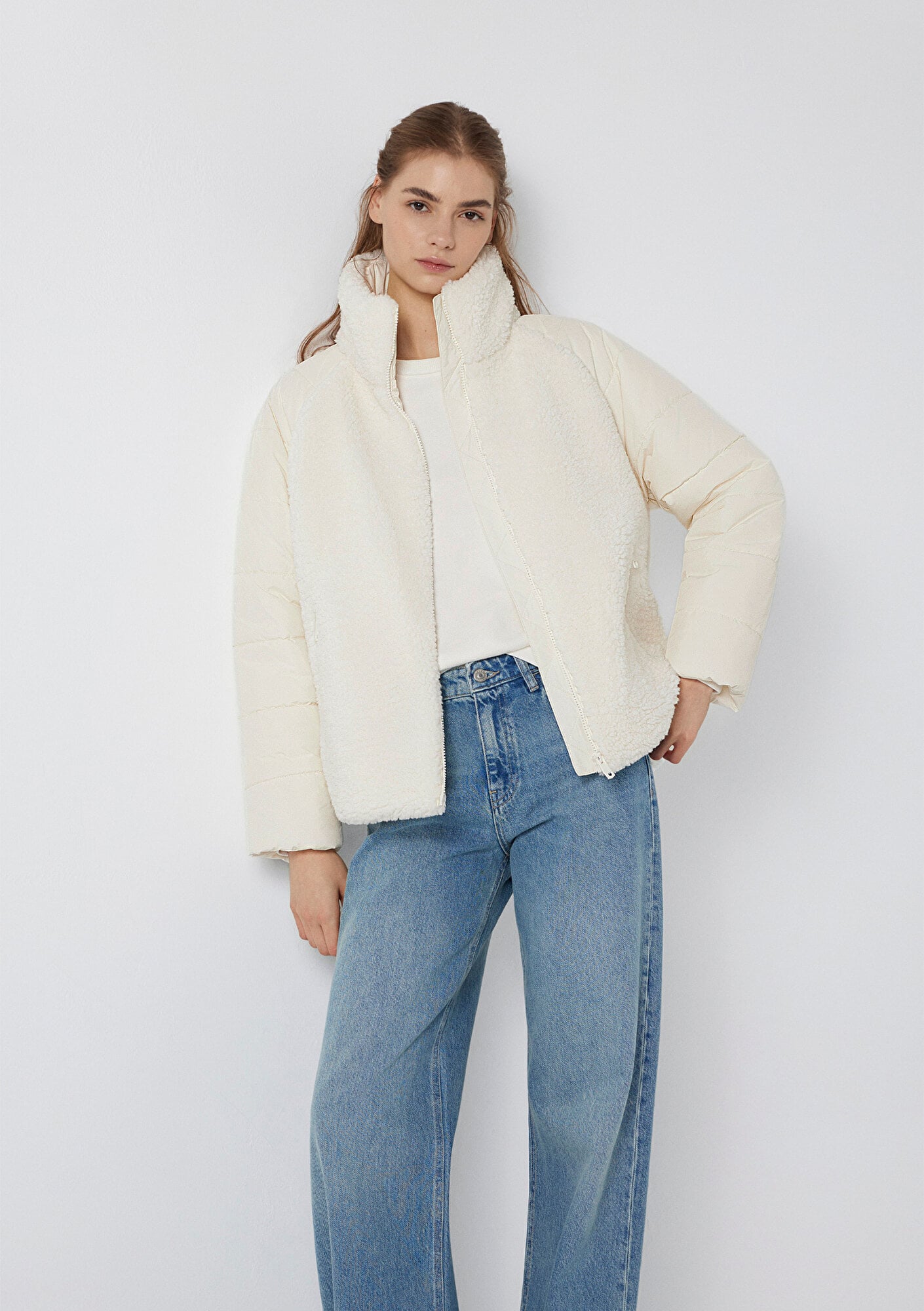 Mavi Dik Yaka Ekru Sherpa Ceket Loose Fit / Bol Rahat Kesim 1110818-80194