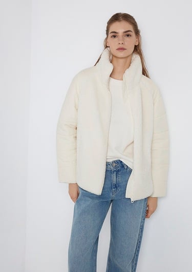  Mavi Dik Yaka Ekru Sherpa Ceket Loose Fit / Bol Rahat Kesim 1110818-80194