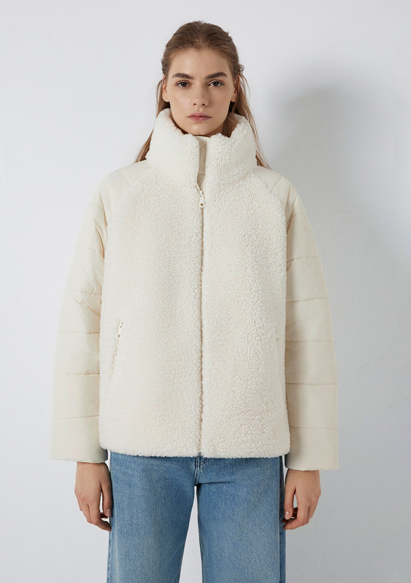 Mavi Dik Yaka Ekru Sherpa Ceket Loose Fit / Bol Rahat Kesim 1110818-80194