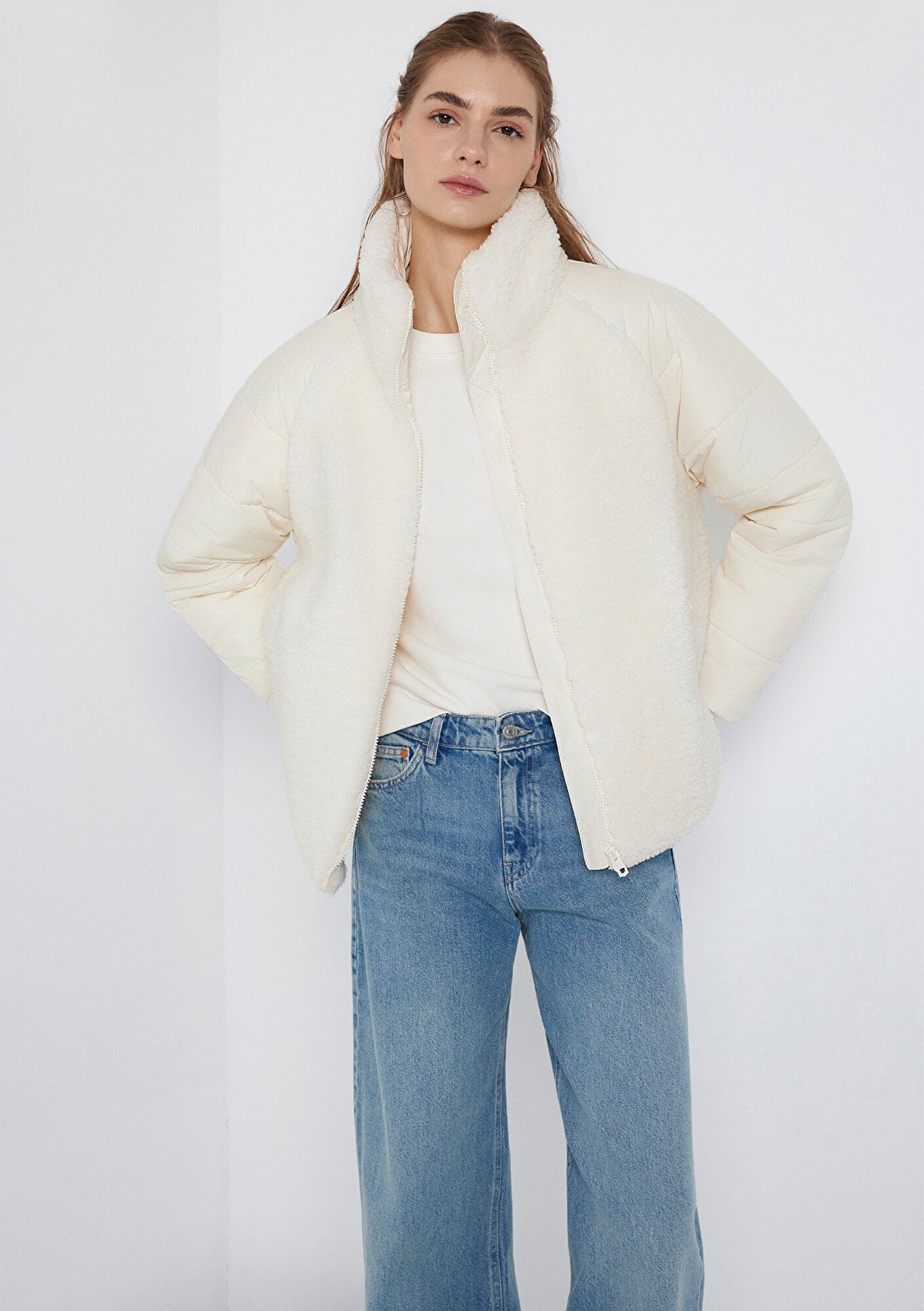 Mavi Dik Yaka Ekru Sherpa Ceket Loose Fit / Bol Rahat Kesim 1110818-80194