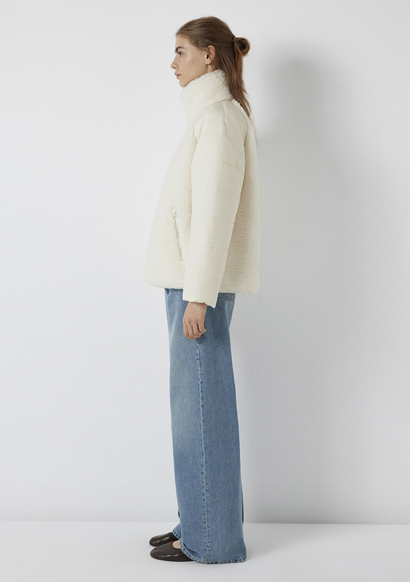 Mavi Dik Yaka Ekru Sherpa Ceket Loose Fit / Bol Rahat Kesim 1110818-80194
