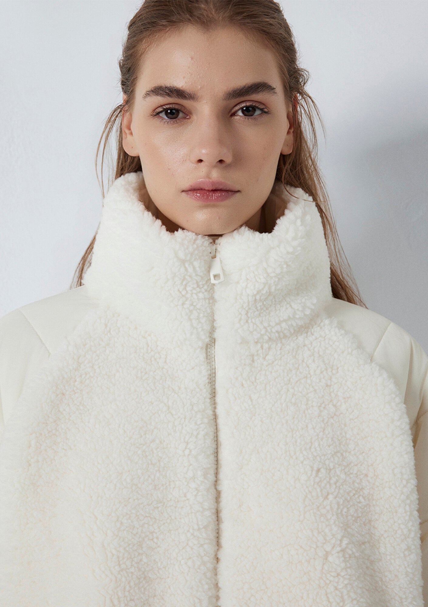 Mavi Dik Yaka Ekru Sherpa Ceket Loose Fit / Bol Rahat Kesim 1110818-80194