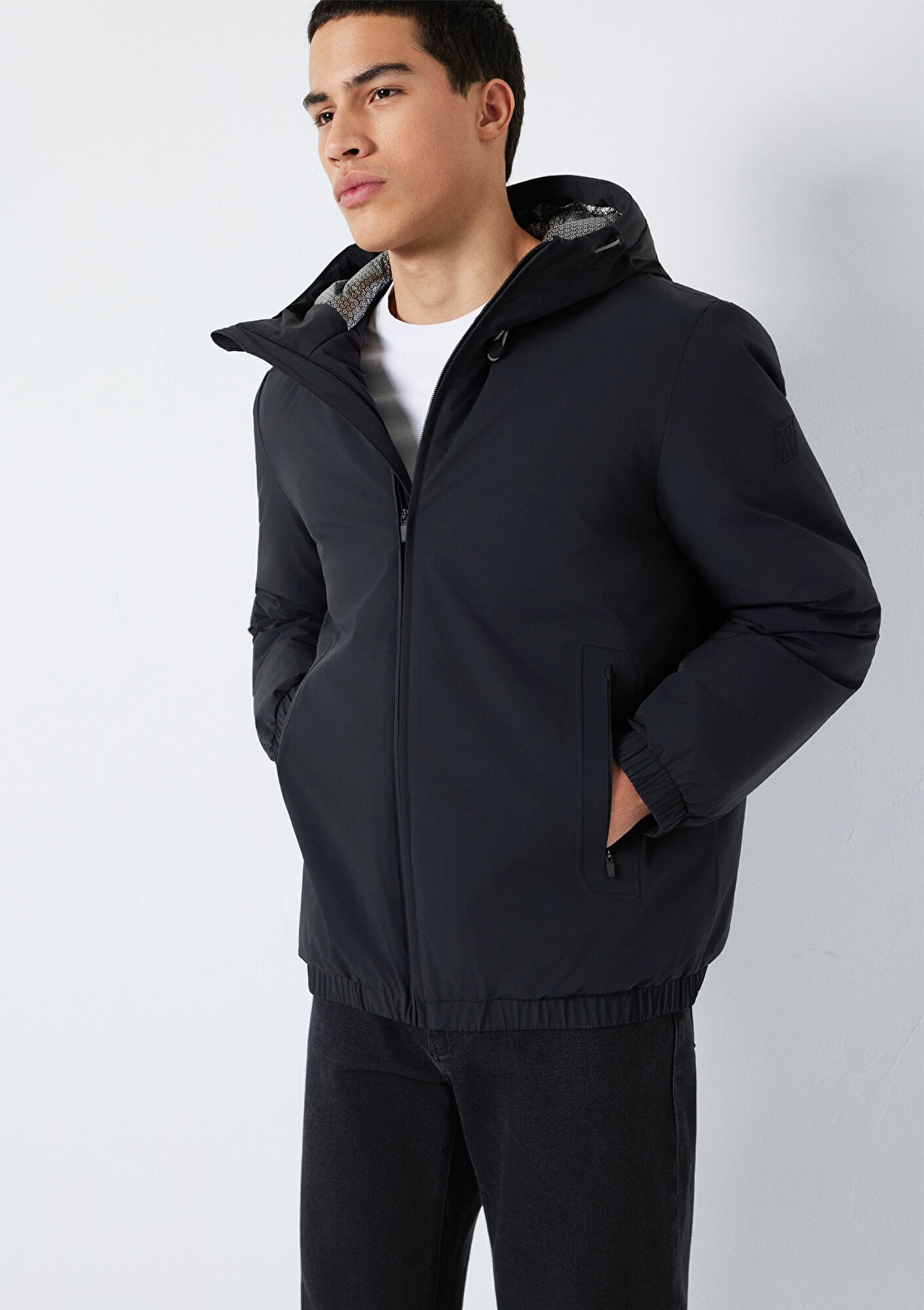  Mavi Su İtici Kapüşonlu Siyah Ceket Loose Fit / Bol Rahat Kesim 0110793-71379