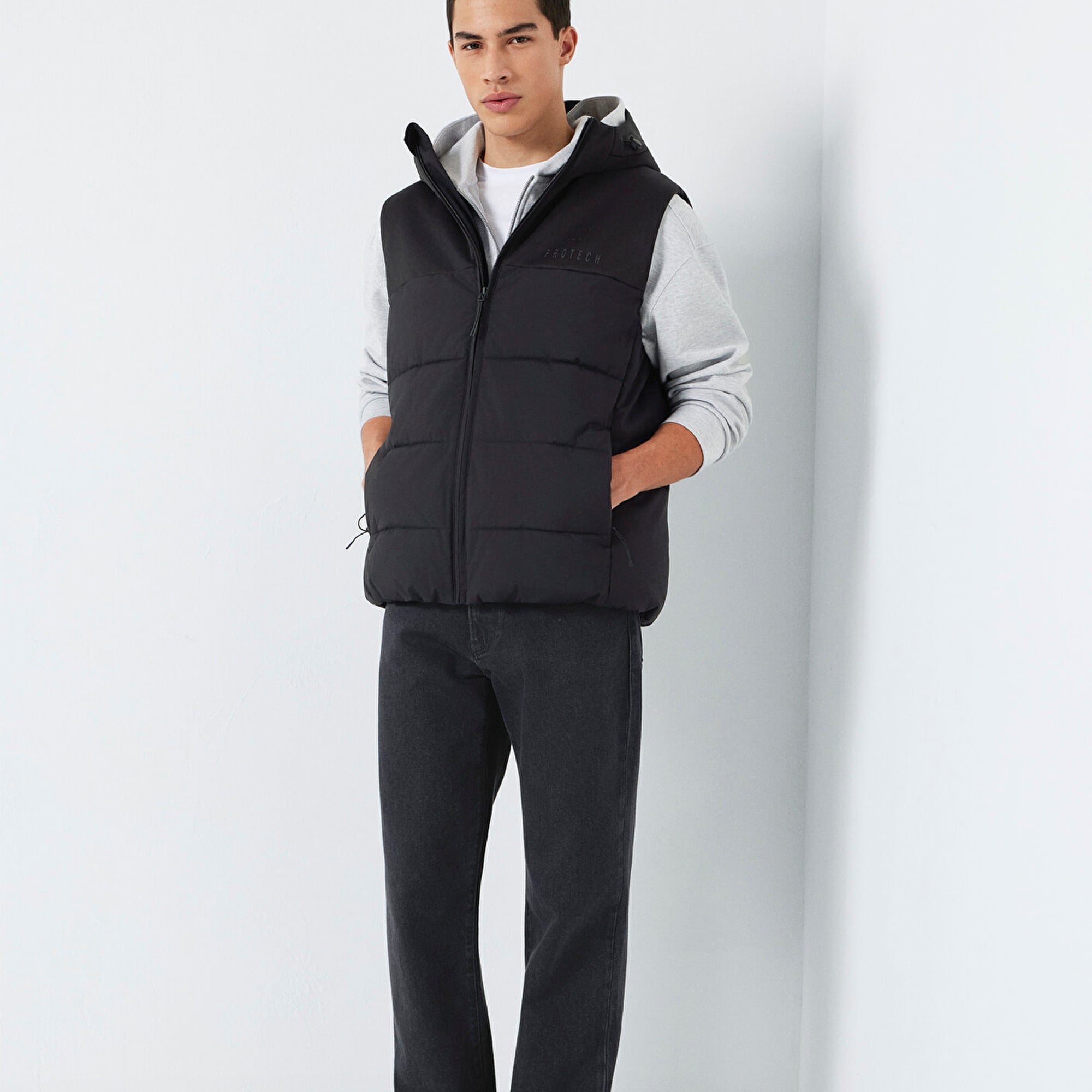 Mavi Kapüşonlu Siyah Yelek Loose Fit / Bol Rahat Kesim 0110786-71379