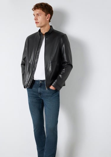  Mavi Siyah Biker Ceket Slim Fit / Dar Kesim 0110789-71379