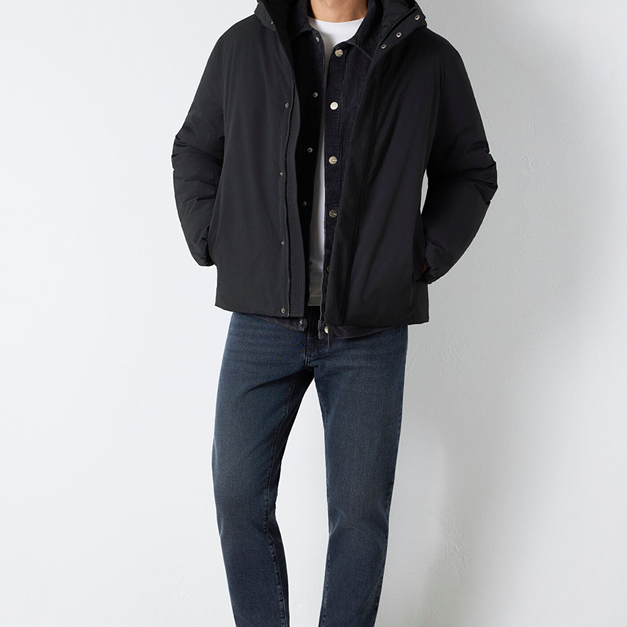 Mavi Kapüşonlu Siyah Ceket Loose Fit / Bol Rahat Kesim 0110758-71379