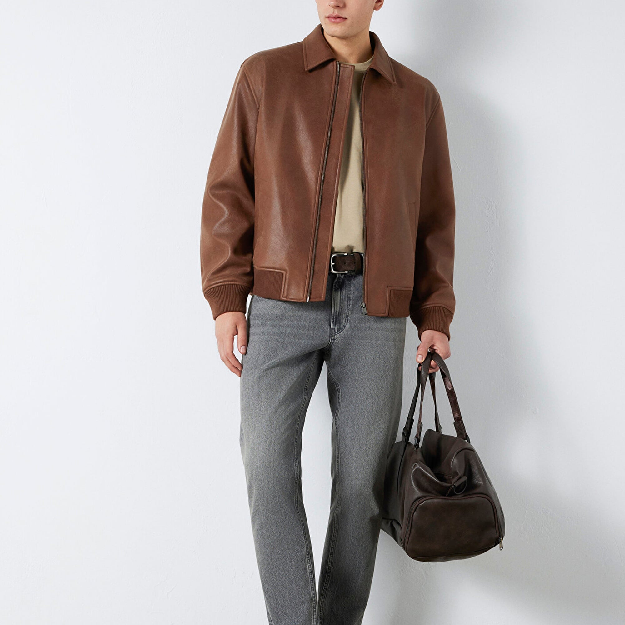 Mavi Kahverengi Biker Ceket Loose Fit / Bol Rahat Kesim 0110775-70242