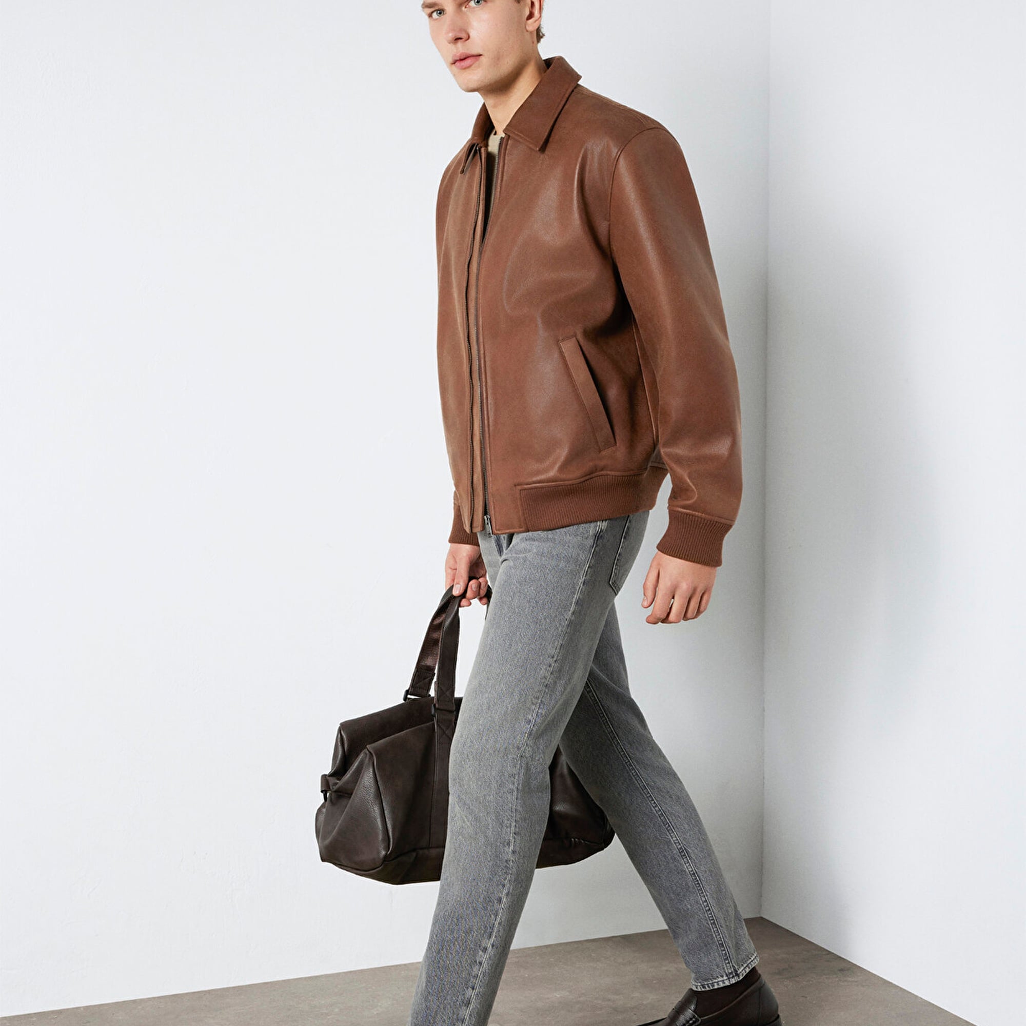 Mavi Kahverengi Biker Ceket Loose Fit / Bol Rahat Kesim 0110775-70242