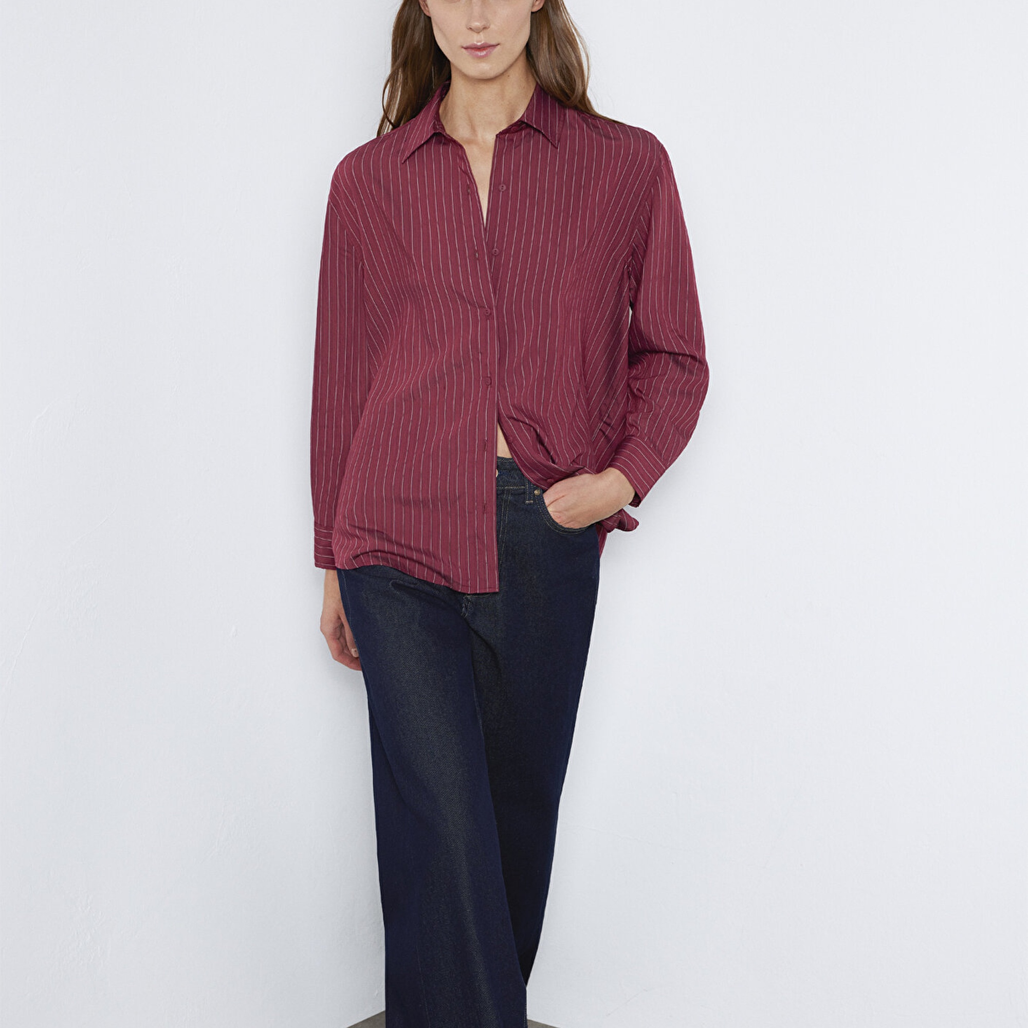 Mavi Çizgili Gömlek Loose Fit / Bol Rahat Kesim 1210683-91379