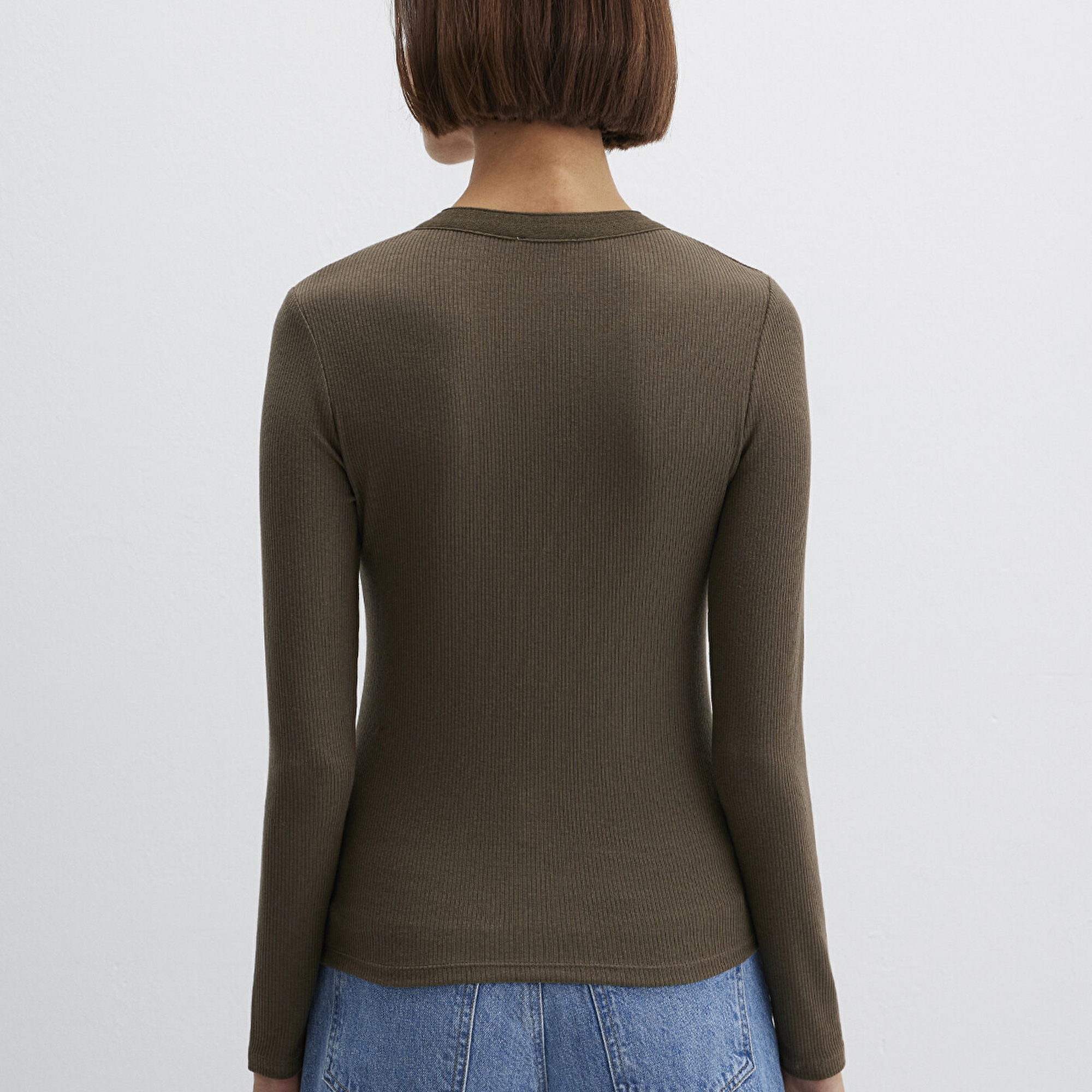 Mavi Uzun Kollu Haki Tişört Fitted / Vücuda Oturan Kesim 1613839-87538