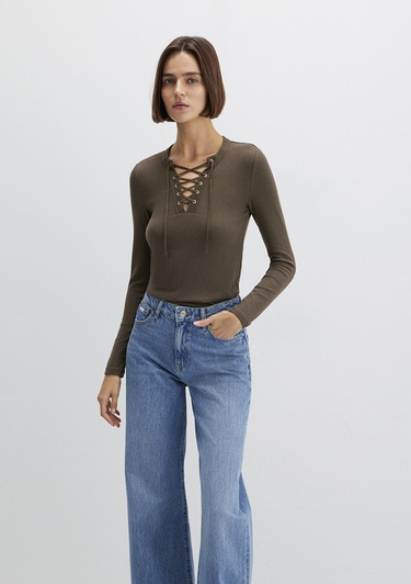  Mavi Uzun Kollu Haki Tişört Fitted / Vücuda Oturan Kesim 1613839-87538