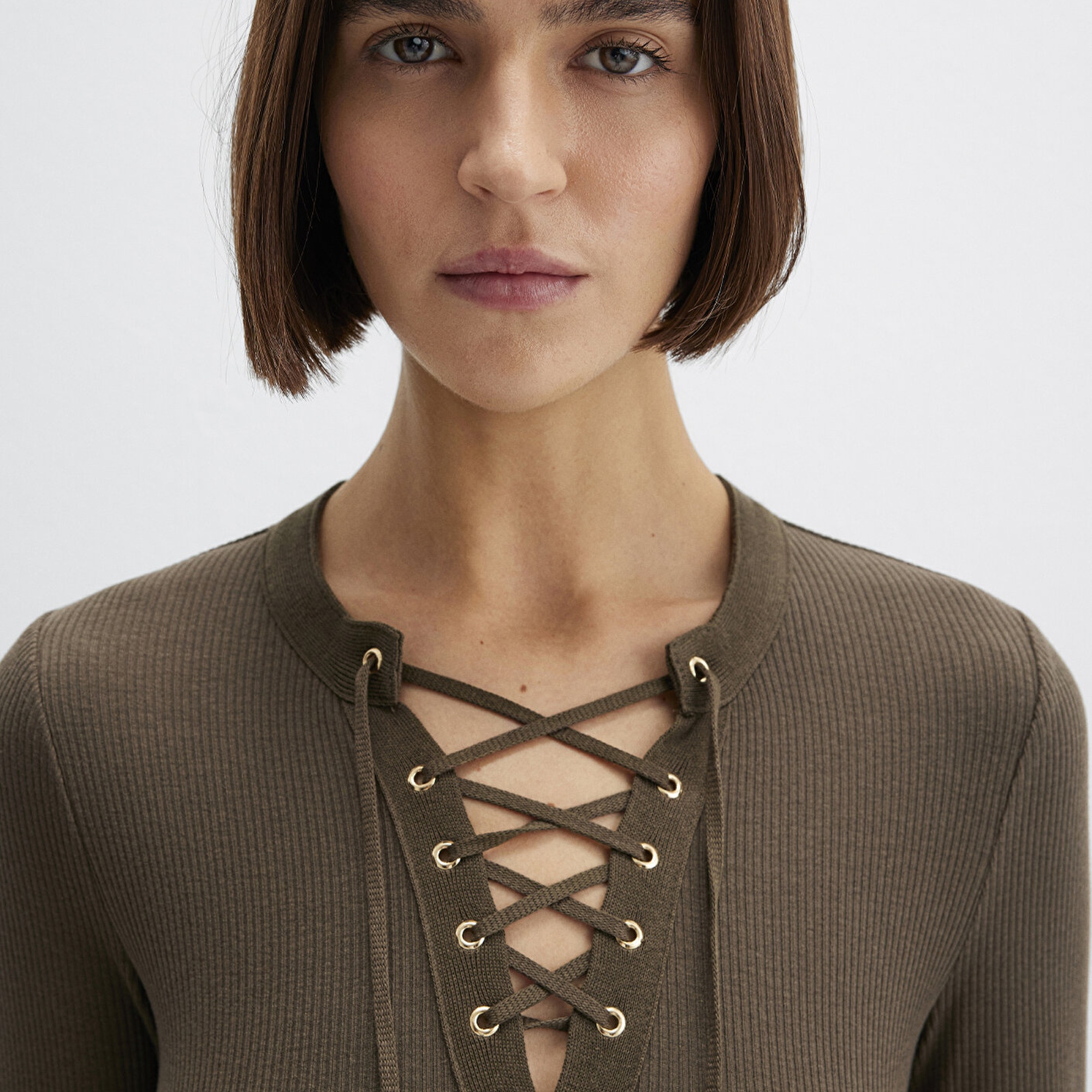 Mavi Uzun Kollu Haki Tişört Fitted / Vücuda Oturan Kesim 1613839-87538