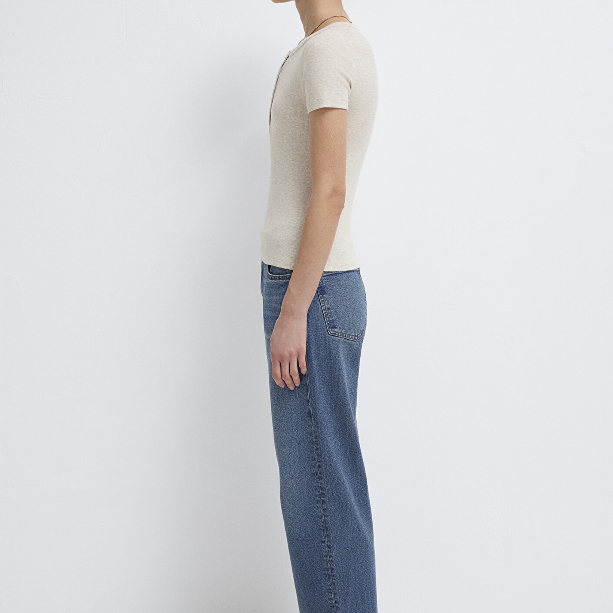 Mavi Bej Basic Tişört Fitted / Vücuda Oturan Kesim 1613806-80084