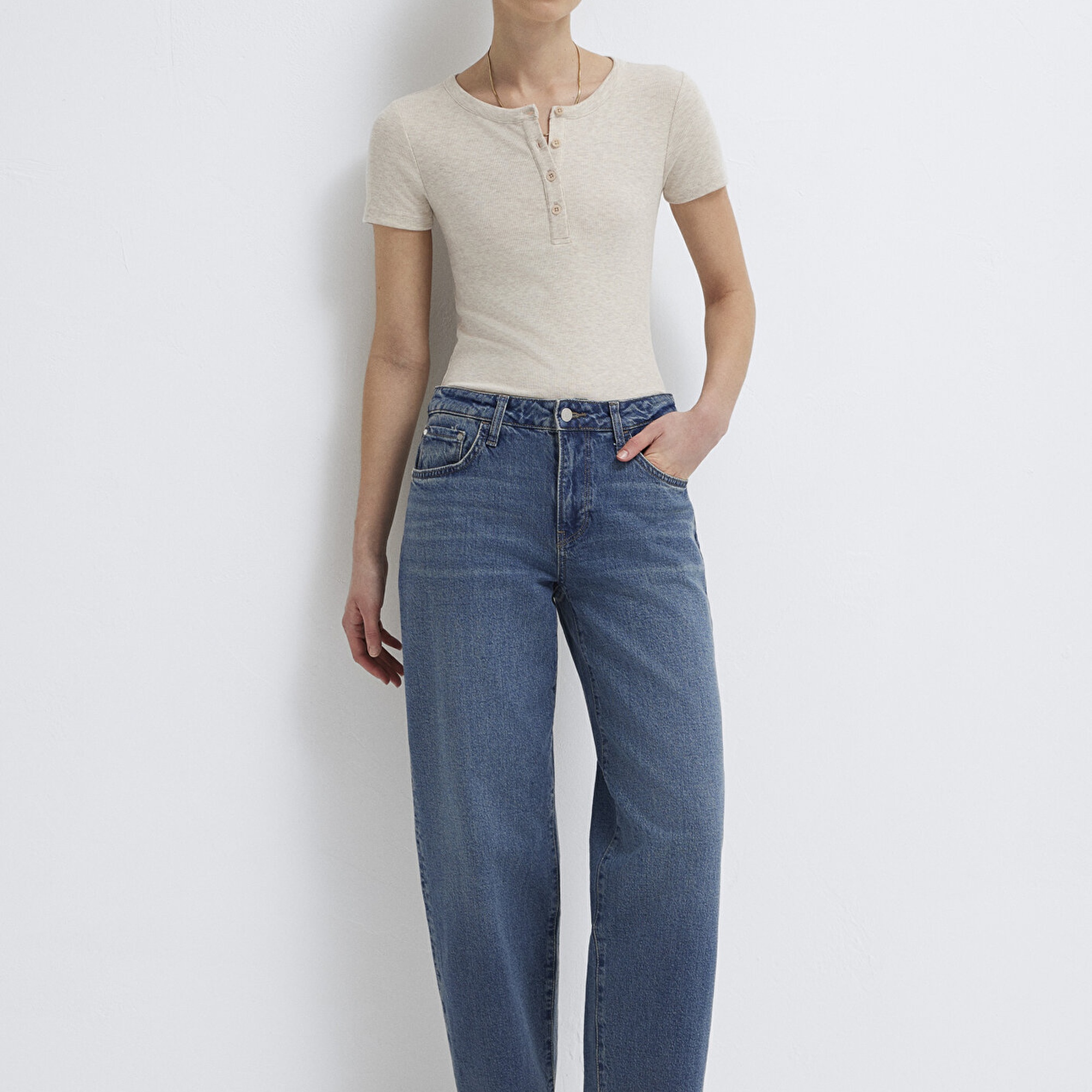 Mavi Bej Basic Tişört Fitted / Vücuda Oturan Kesim 1613806-80084