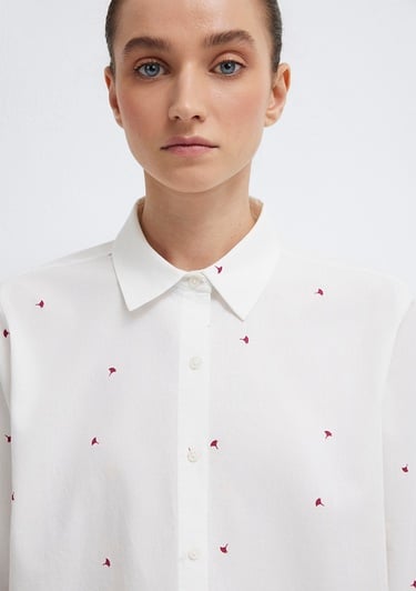  Mavi Baskılı Ekru Gömlek Loose Fit / Bol Rahat Kesim 1210610-91381