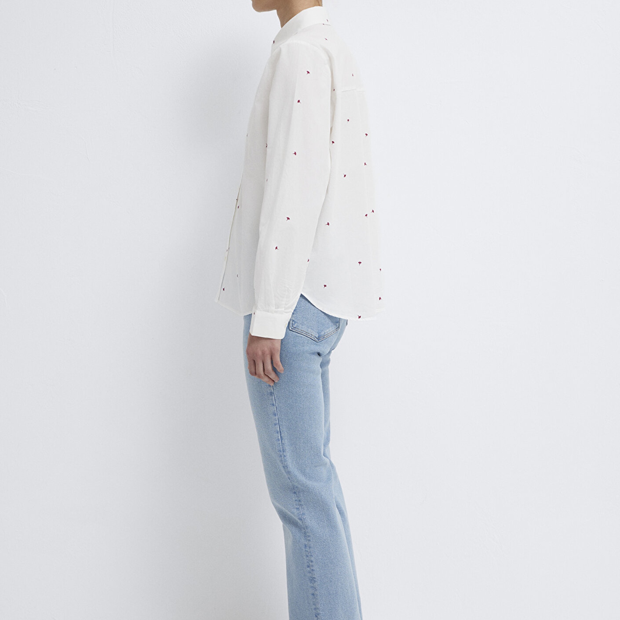 Mavi Baskılı Ekru Gömlek Loose Fit / Bol Rahat Kesim 1210610-91381