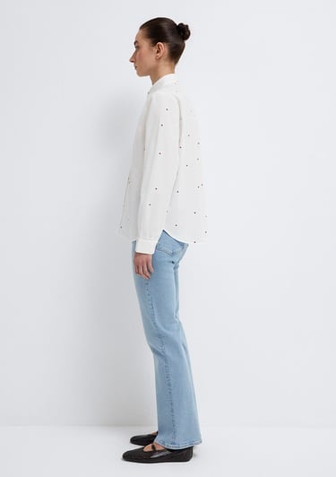  Mavi Baskılı Ekru Gömlek Loose Fit / Bol Rahat Kesim 1210610-91381