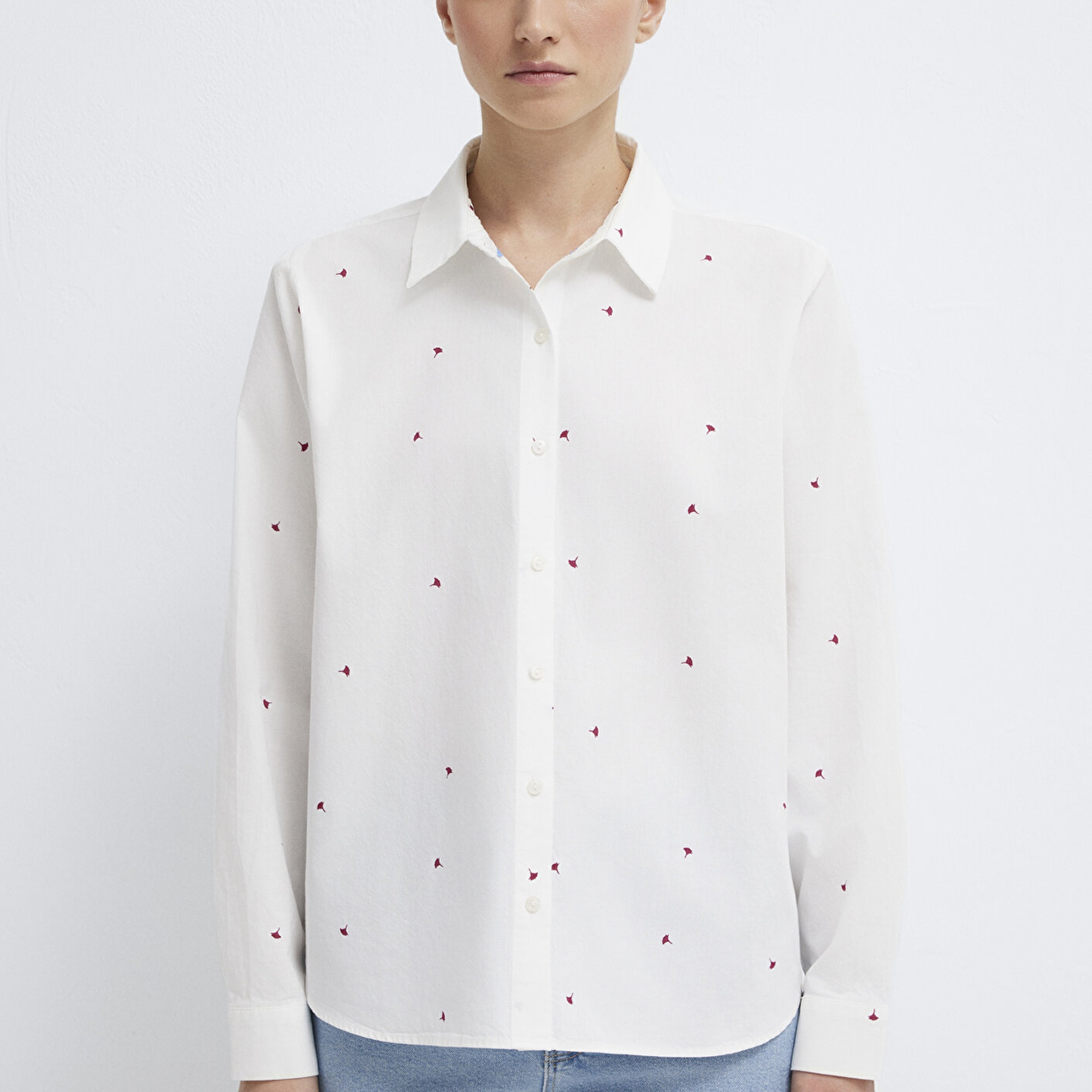 Mavi Baskılı Ekru Gömlek Loose Fit / Bol Rahat Kesim 1210610-91381