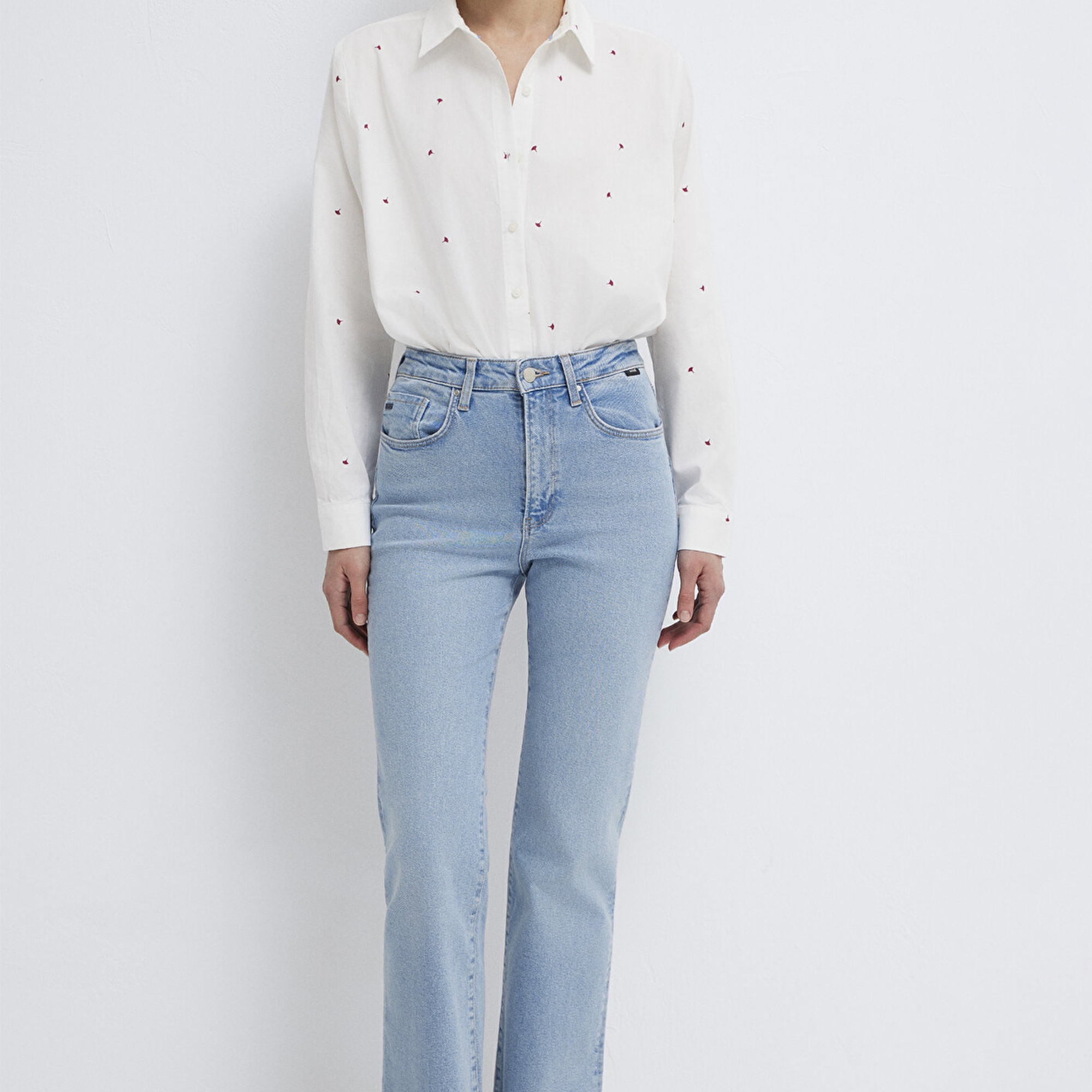 Mavi Baskılı Ekru Gömlek Loose Fit / Bol Rahat Kesim 1210610-91381