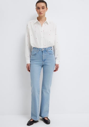  Mavi Baskılı Ekru Gömlek Loose Fit / Bol Rahat Kesim 1210610-91381