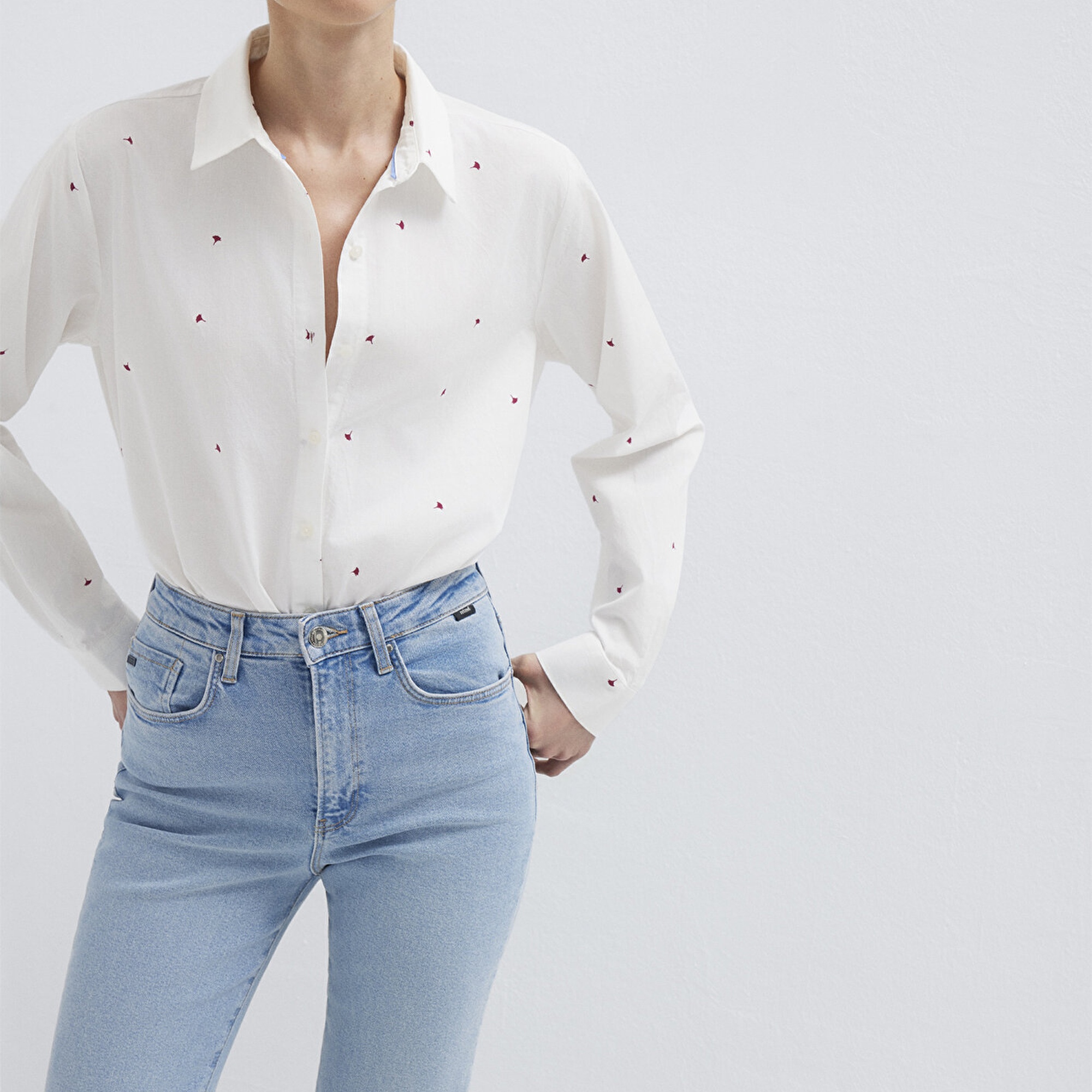 Mavi Baskılı Ekru Gömlek Loose Fit / Bol Rahat Kesim 1210610-91381