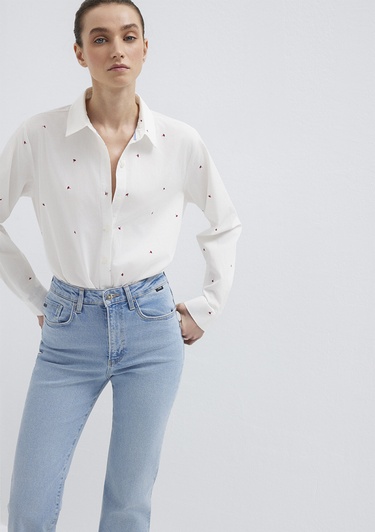  Mavi Baskılı Ekru Gömlek Loose Fit / Bol Rahat Kesim 1210610-91381