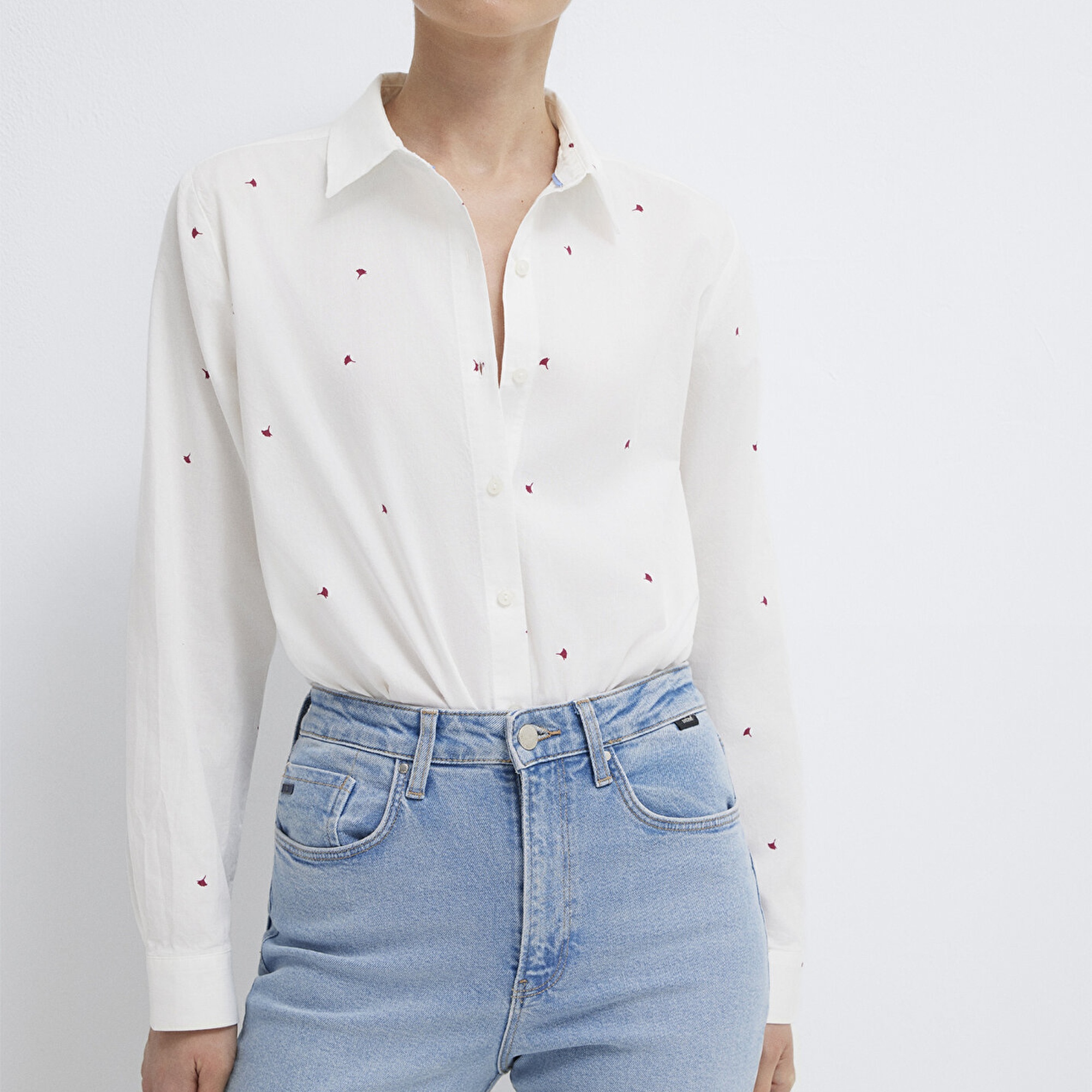 Mavi Baskılı Ekru Gömlek Loose Fit / Bol Rahat Kesim 1210610-91381