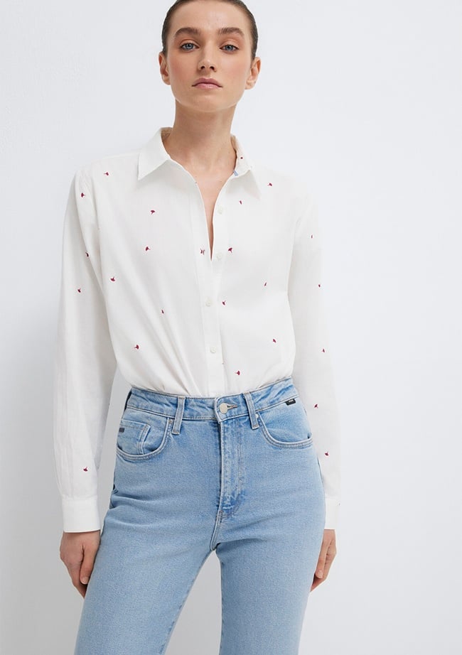  Mavi Baskılı Ekru Gömlek Loose Fit / Bol Rahat Kesim 1210610-91381