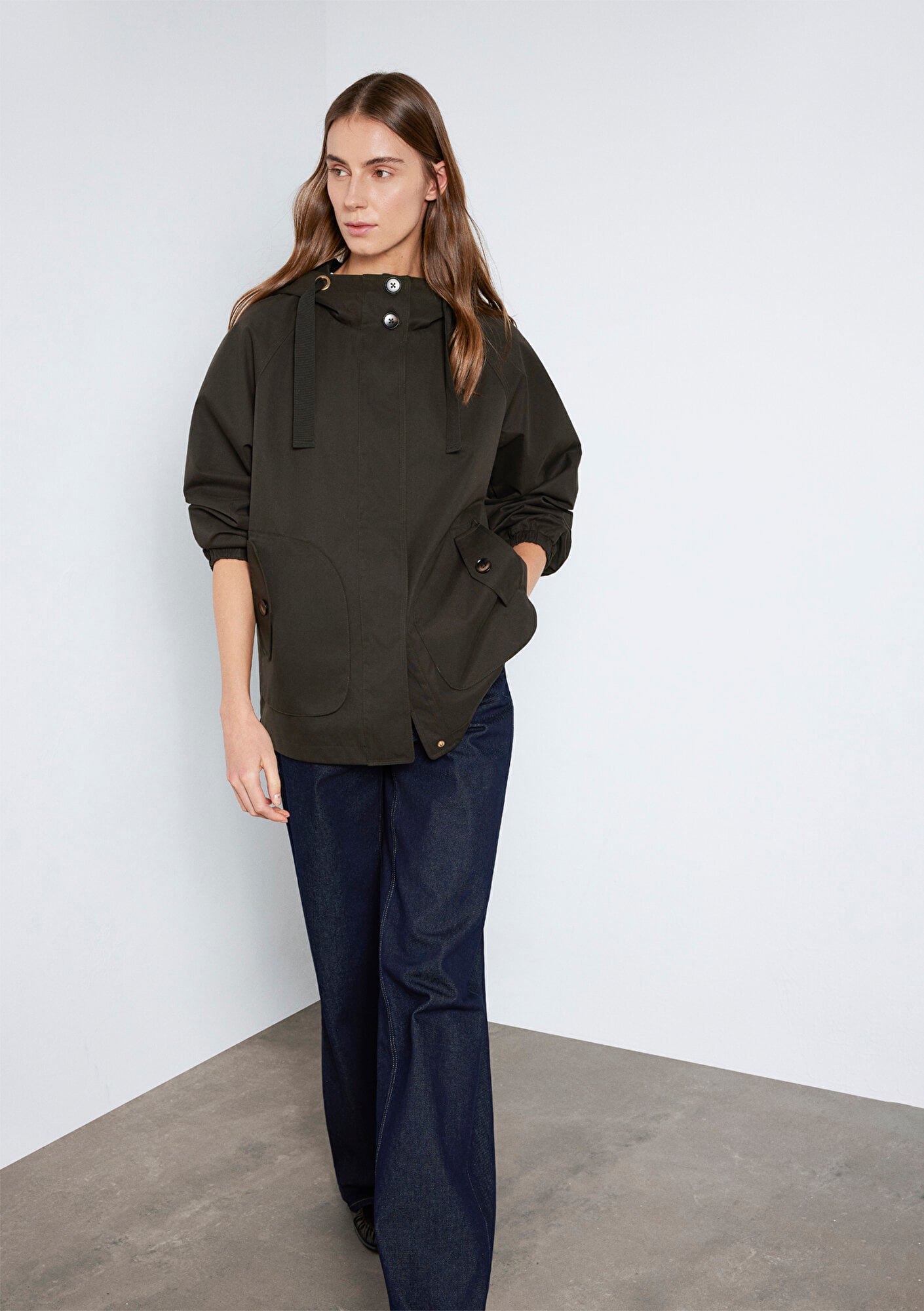  Mavi Kapüşonlu Haki Ceket Loose Fit / Bol Rahat Kesim 1110014-90707