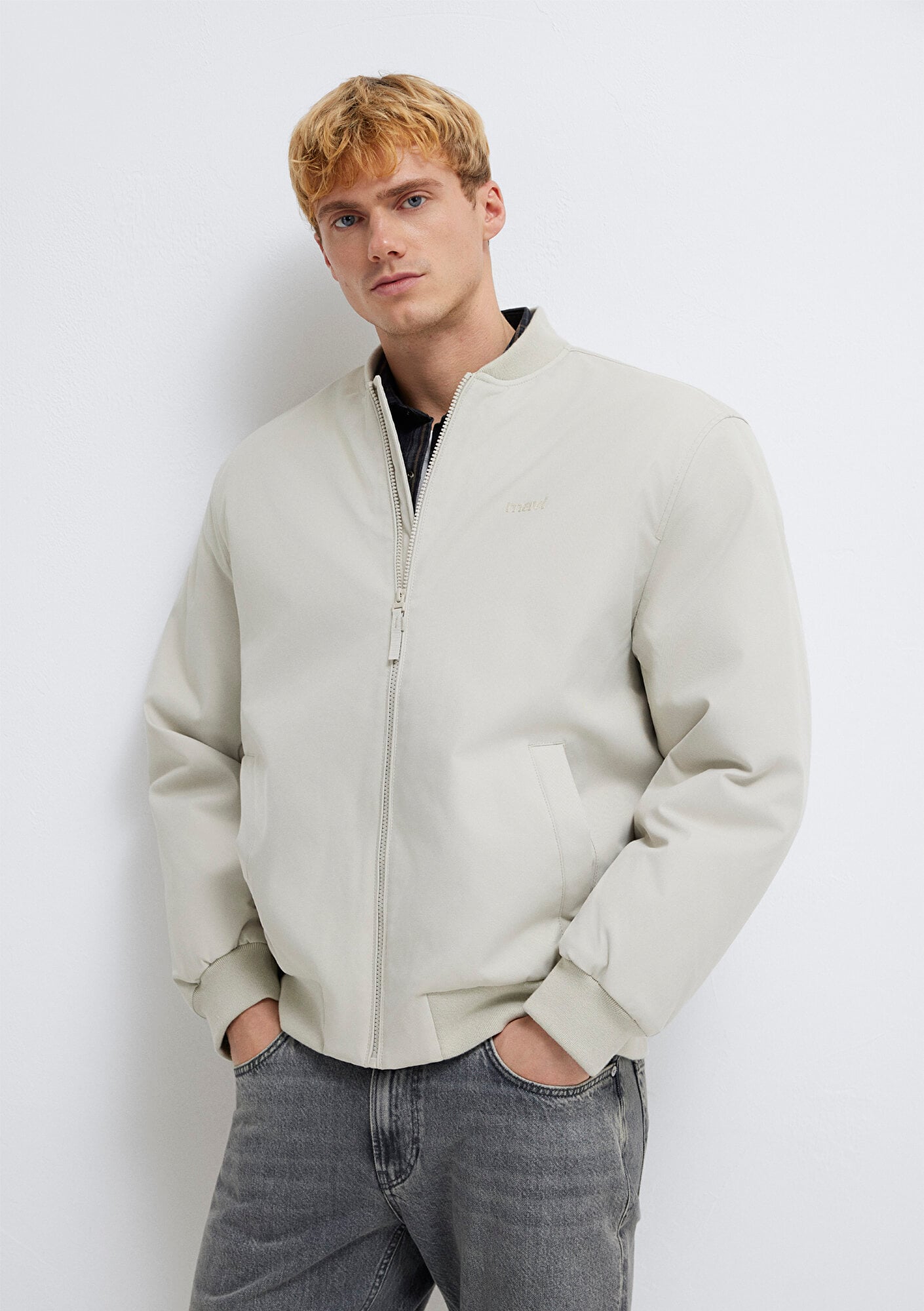  Mavi Mavi Logo Nakışlı Gri Bomber Ceket 0110774-70144