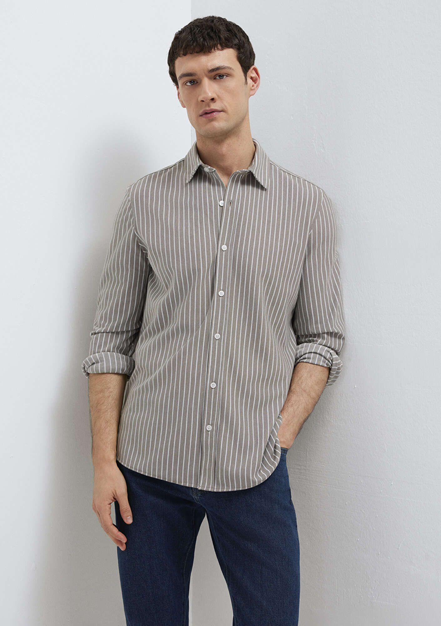  Mavi Çizgili Gri Gömlek Slim Fit / Dar Kesim 0211404-91582