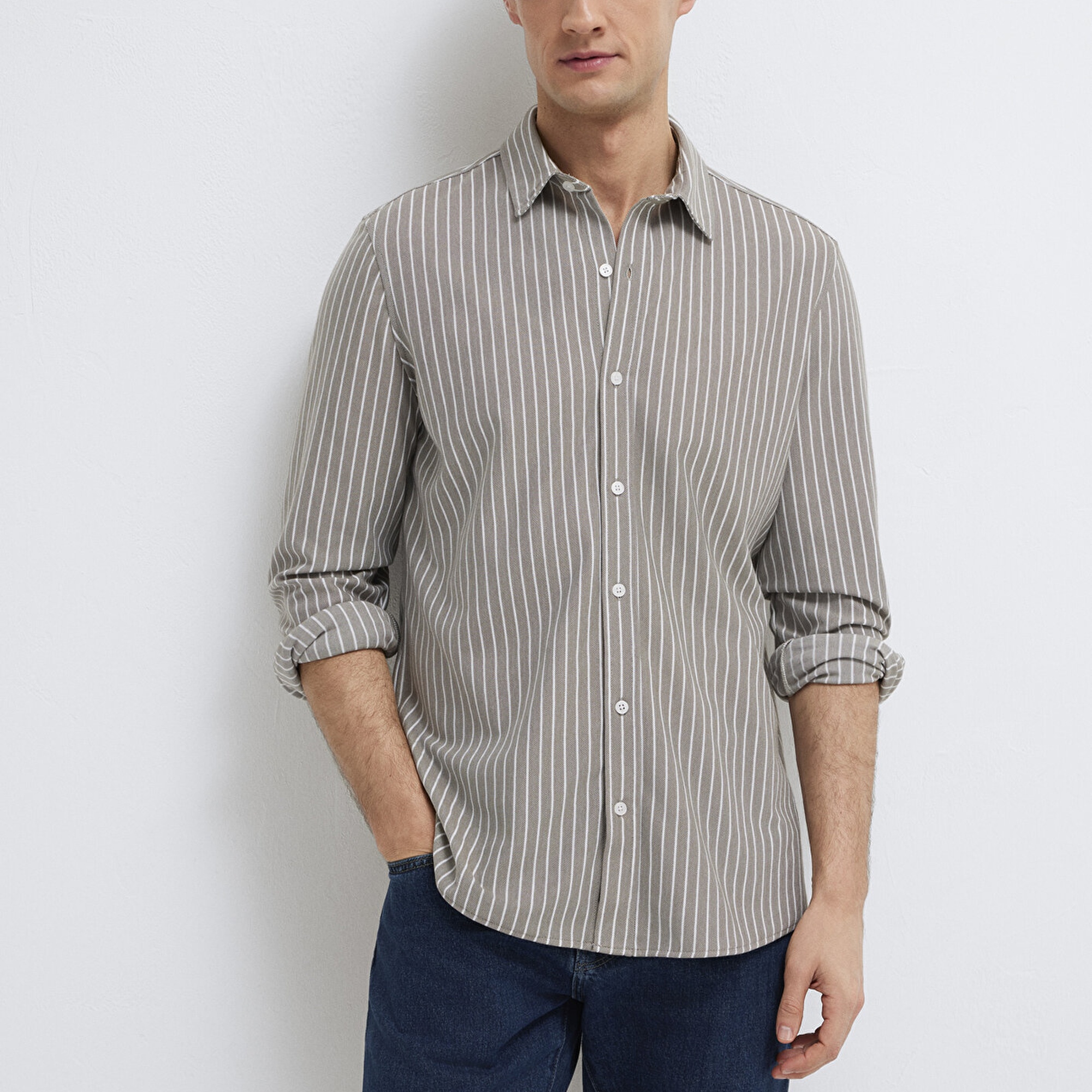 Mavi Çizgili Gri Gömlek Slim Fit / Dar Kesim 0211404-91582