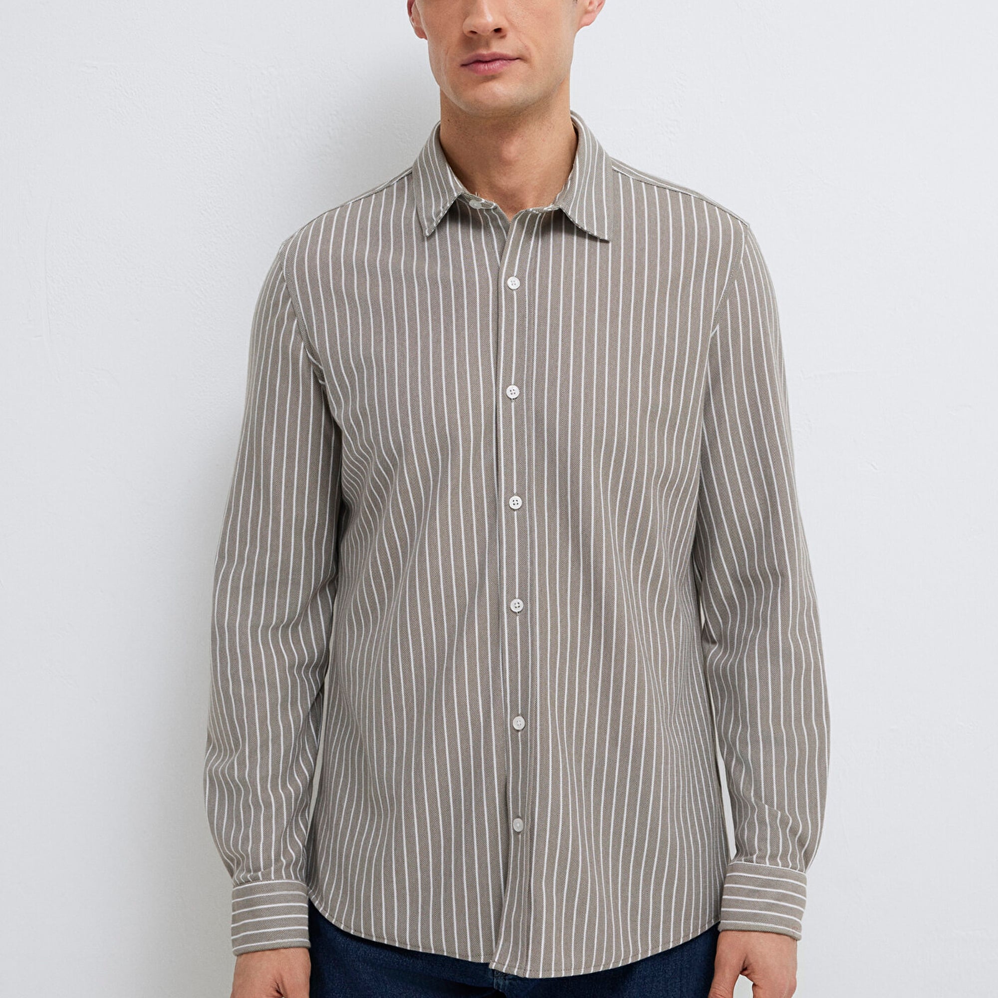 Mavi Çizgili Gri Gömlek Slim Fit / Dar Kesim 0211404-91582