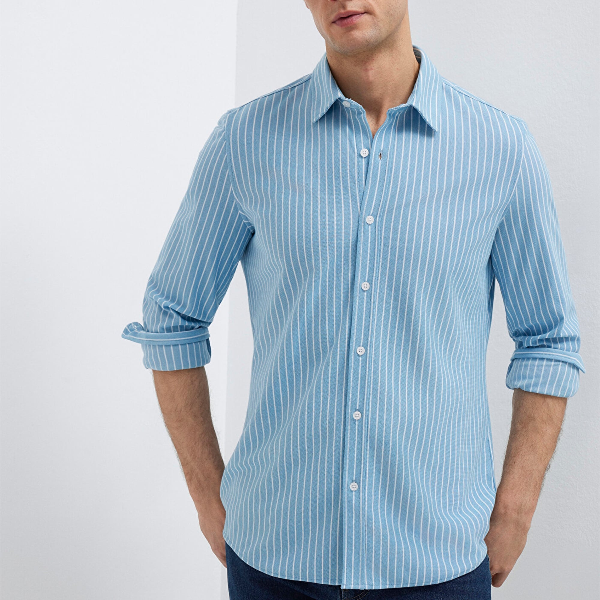 Mavi Çizgili Mavi Gömlek Slim Fit / Dar Kesim 0211404-91579