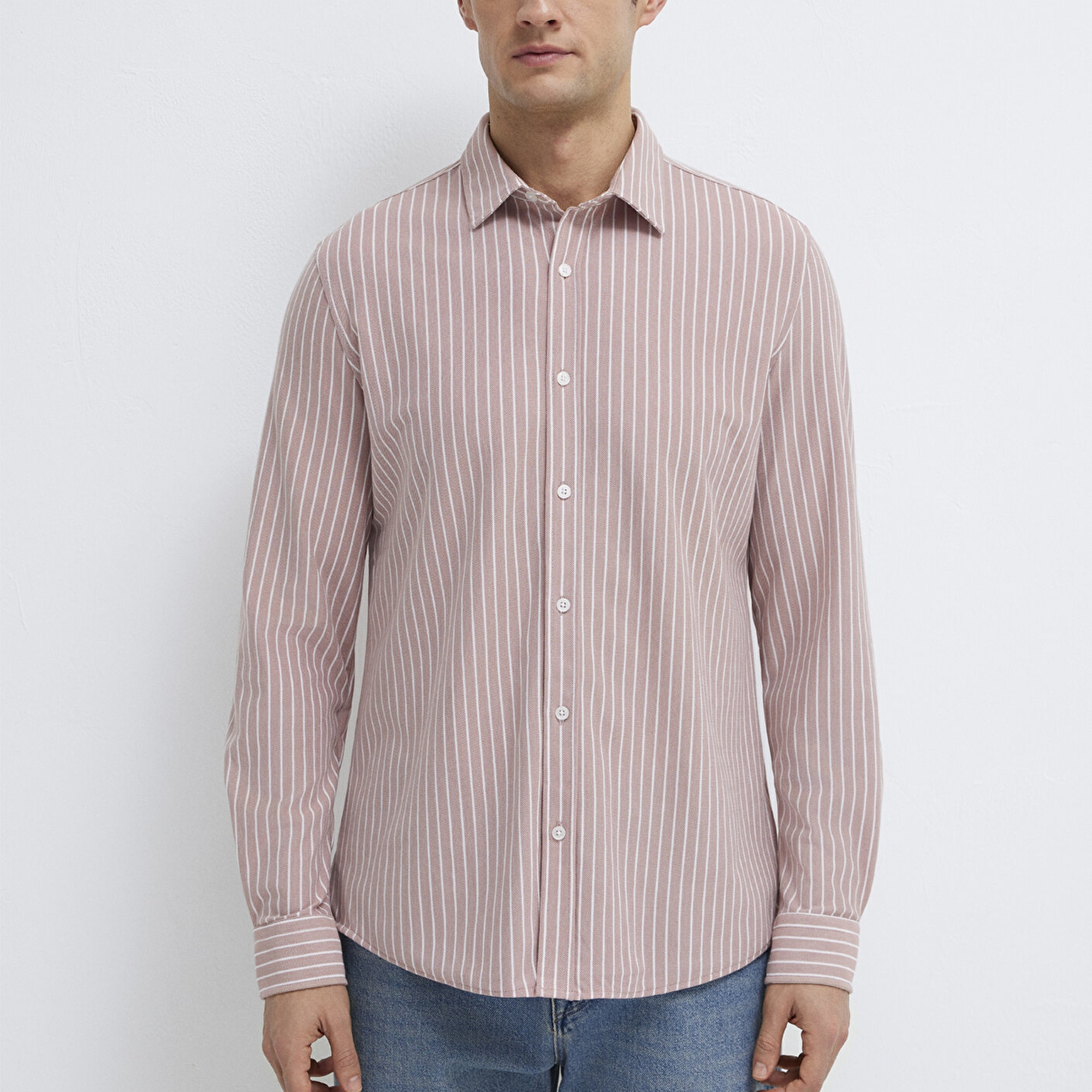 Mavi Çizgili Pembe Gömlek Slim Fit / Dar Kesim 0211404-91578