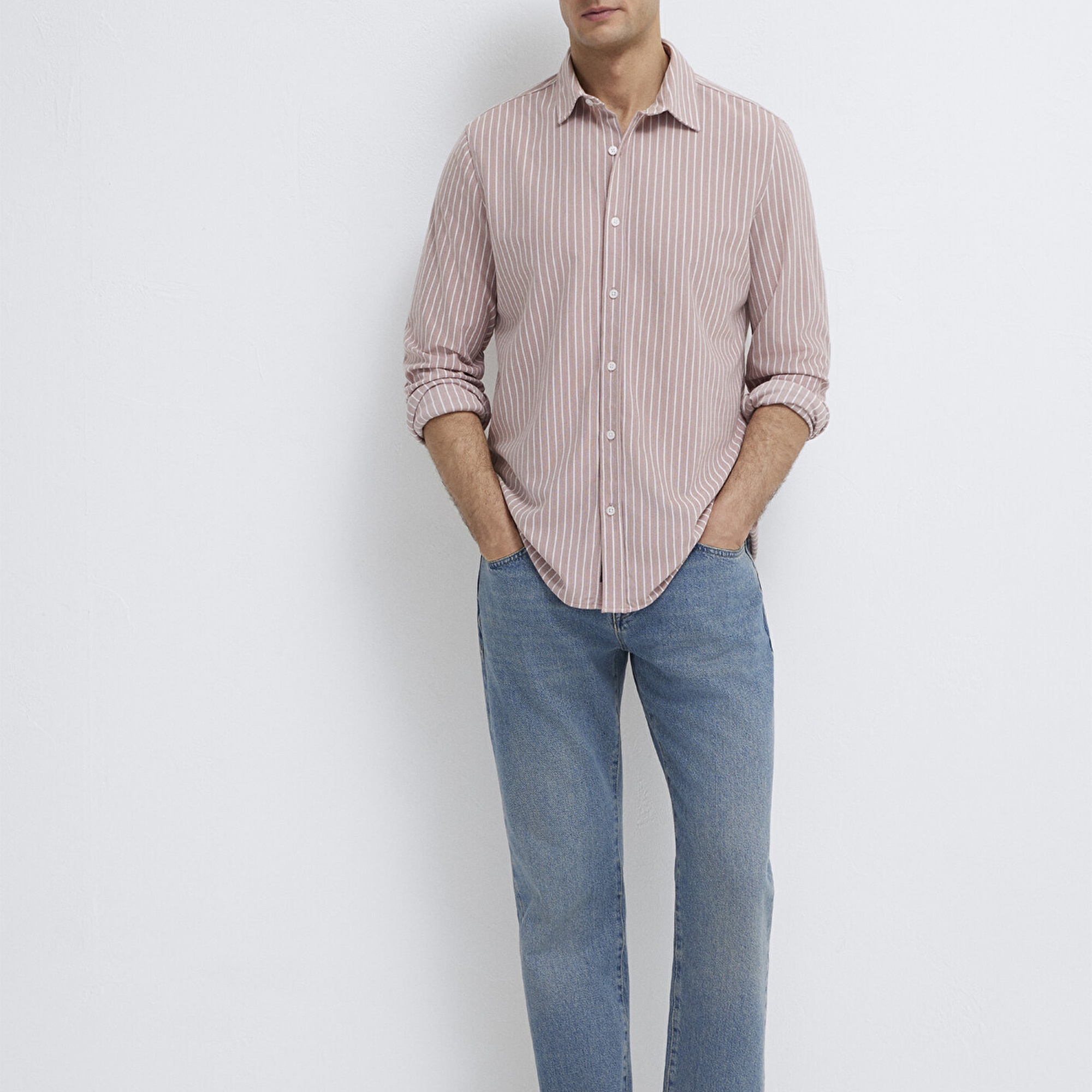 Mavi Çizgili Pembe Gömlek Slim Fit / Dar Kesim 0211404-91578