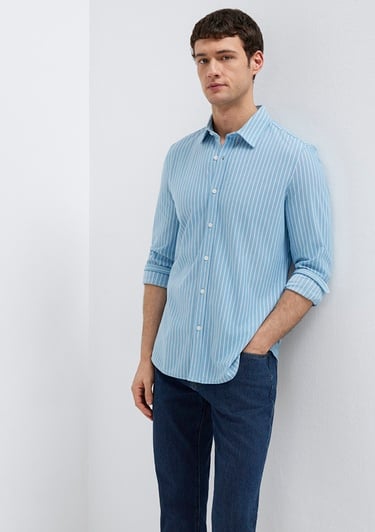  Mavi Çizgili Mavi Gömlek Slim Fit / Dar Kesim 0211404-91579
